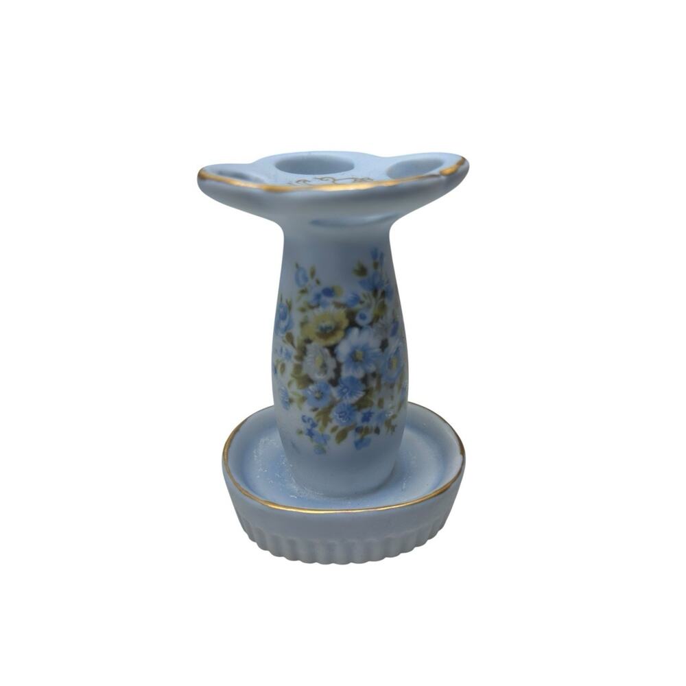 Vintage‎ Porcelain Toothbrush Holder Blue Floral Gold Trim Cottagecore Bath